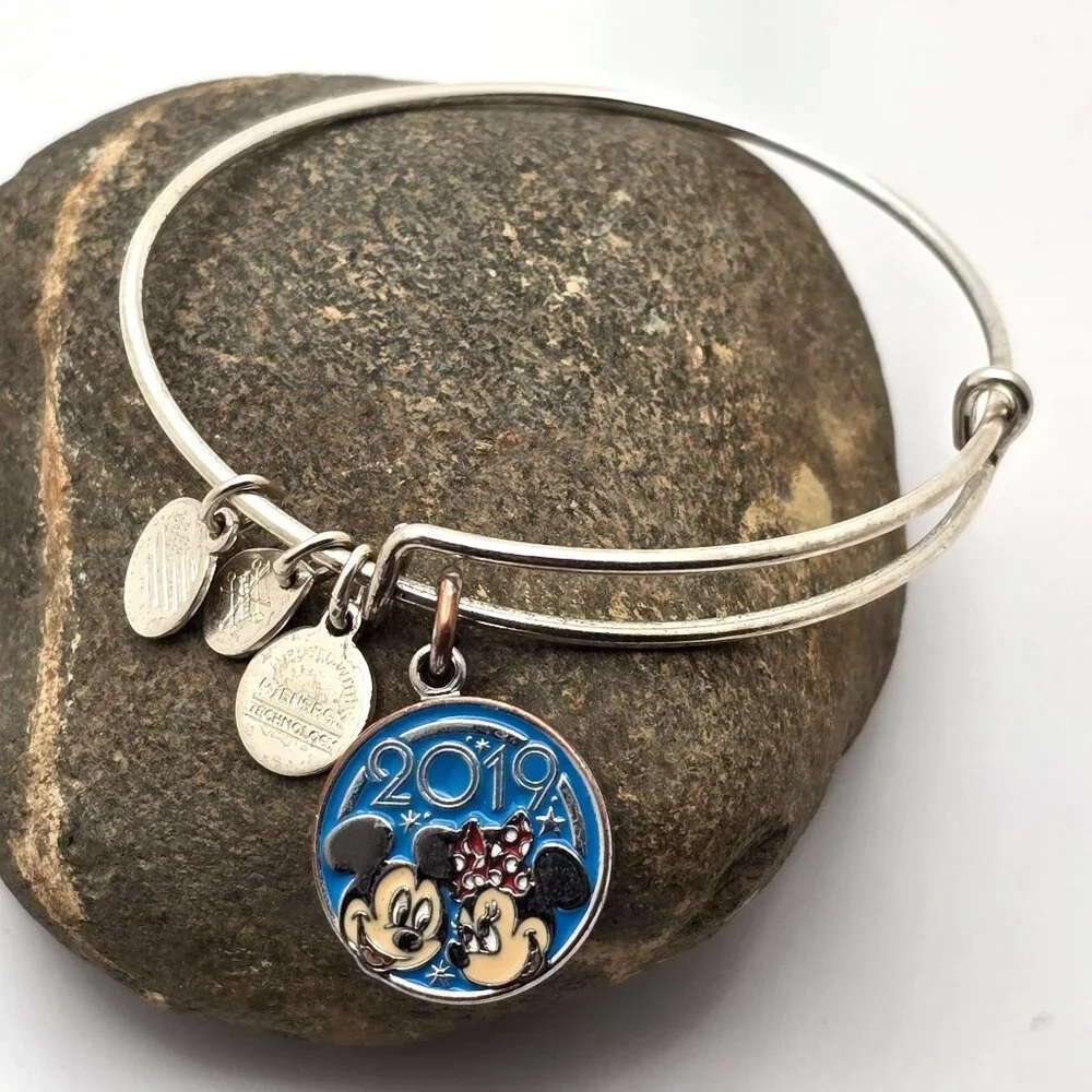 Disney Alex And Ani 2019 Minnie & Mickey Mouse Silver Charm Bangle Bracelet - Picture 1 of 5